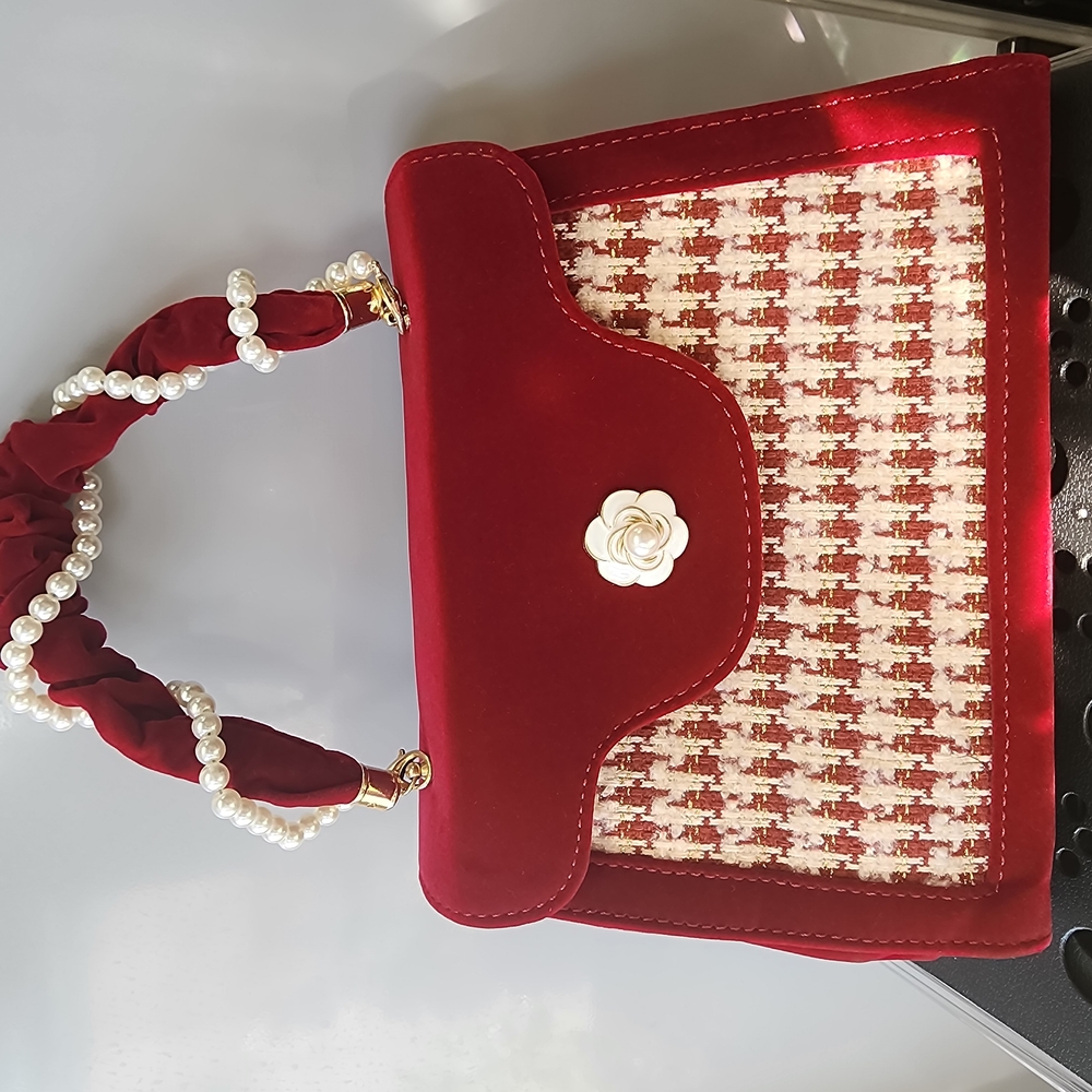Elegant Red and Cream Handbag with Pearl Handle